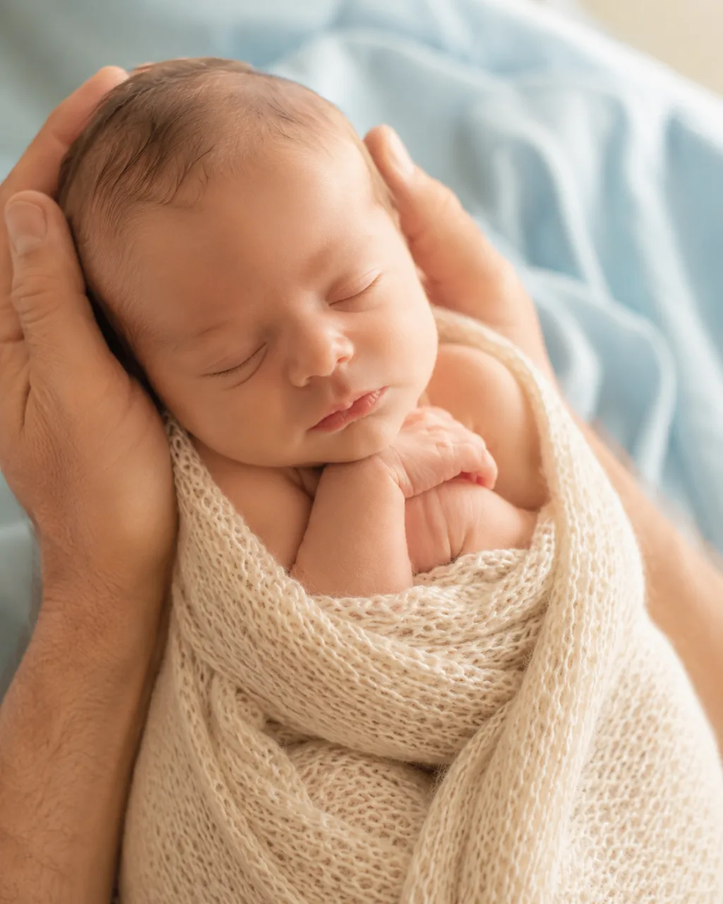 A peaceful sleeping newborn swaddled in soft cream, gently cradled in loving hands